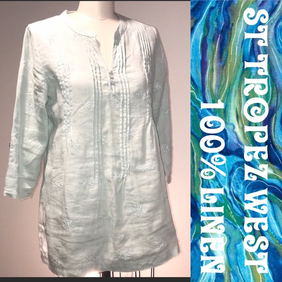 ST TROPEZ WEST sea foam green linen tunic ▪️sz L - Picture 1 of 8